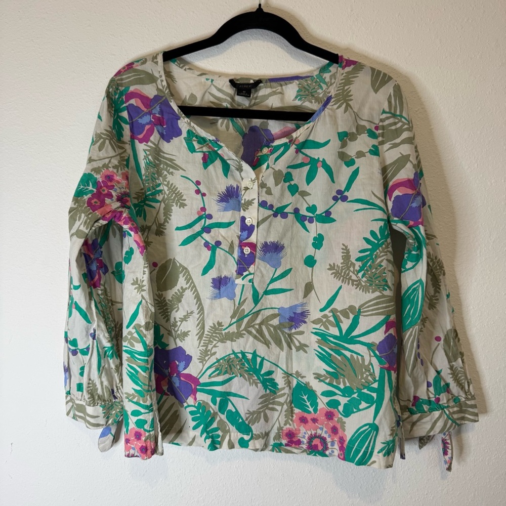 J crew long sleeve tie cuff Grey Leaf Floral BOHO Blouse Size medium